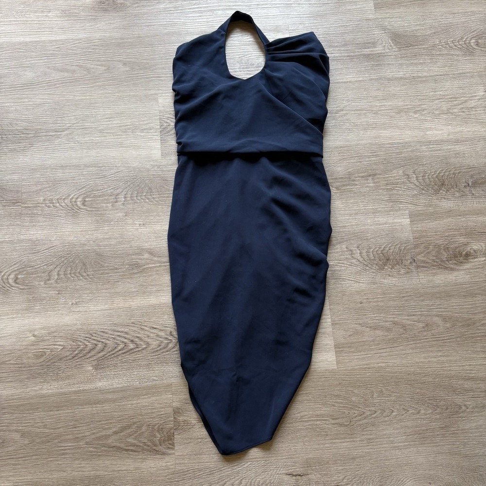 NICOLE BAKTI Sleeveless Halter Dress Neck MIDI Draped Size 12 Dark Blue